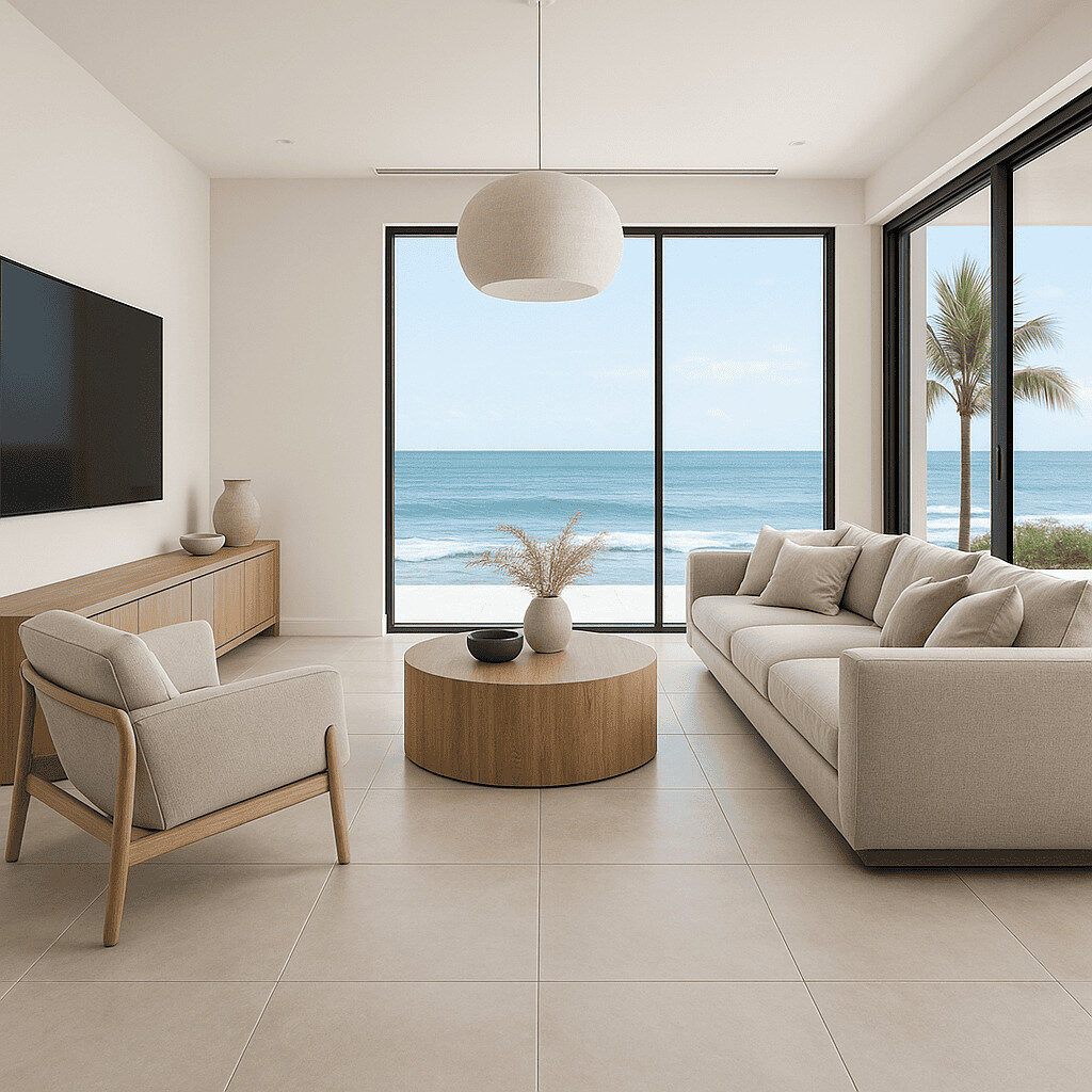 Tile flooring in coastal living room