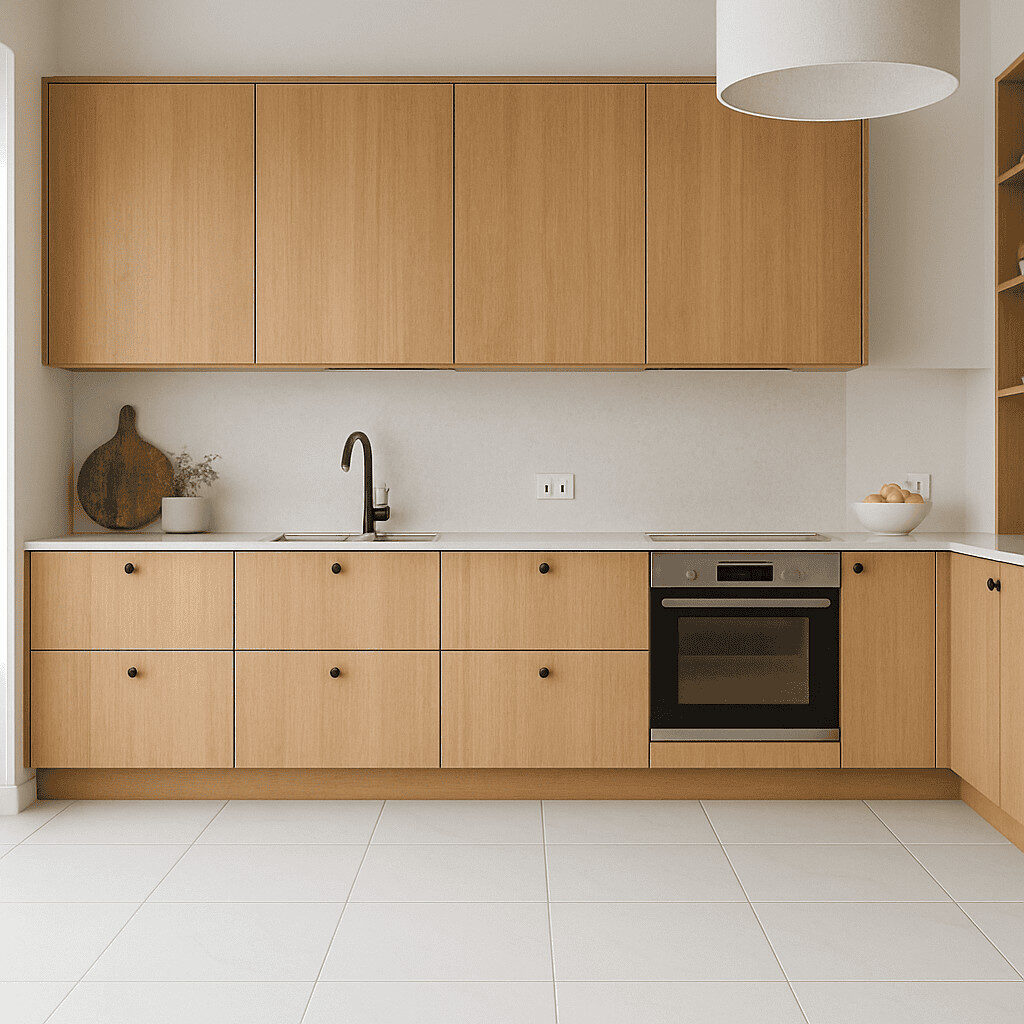 White porcelain floors in modern kitchen